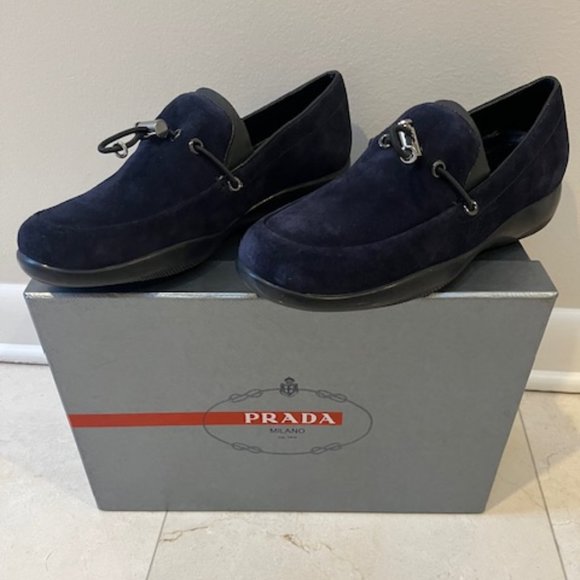 PRADA CALZATURE DONNA NAVY SUEDE TOGGLE LOAFERS DRIVERS SIZE 36 BRAND NEW - Picture 1 of 12
